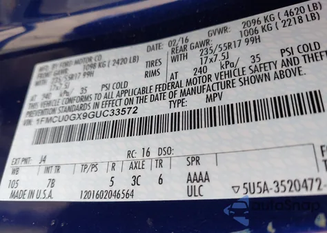 2016 Ford Escape Se from USA, damaged, VIN 1FMCU0GX9GUC33572